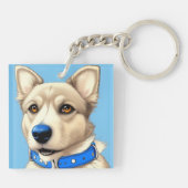 Nah-Up-Portrait eines Hundes mit blauem Collar Schlüsselanhänger (Rückseite)