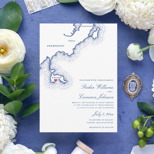 Nahant MA Map Elegant Navy Blue Wedding Einladung