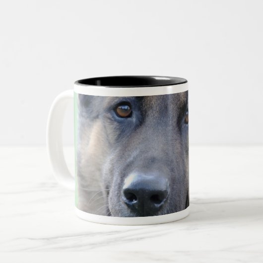 Nahaufnahme eines Hundegesichtes Zweifarbige Tasse (Vorderseite Links)