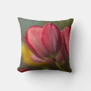 Nahaufnahme von roten und gelben Tulpen im Garten Kissen