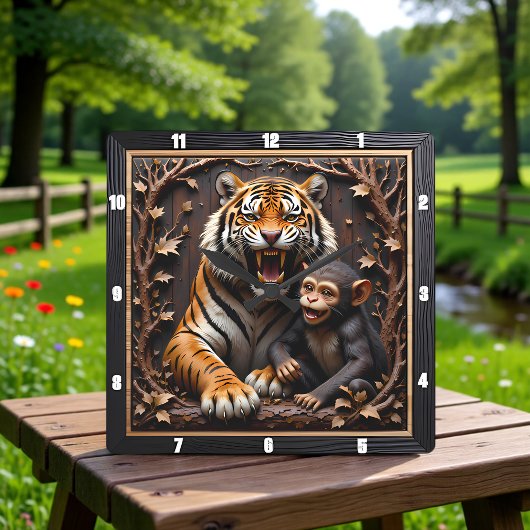 Nahaufnahmeporträt von Tiger und Affe Quadratische Wanduhr