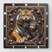 Nahaufnahmeporträt von Tiger und Affe Quadratische Wanduhr (Vorderseite)