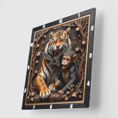 Nahaufnahmeporträt von Tiger und Affe Quadratische Wanduhr (Winkel)