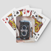 Nahe Aufnahme einer antiken Kamera Spielkarten (Rückseite)
