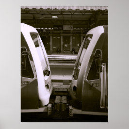 Nahe Aufnahme von zwei Zügen auf Bahnhofsplattform Poster