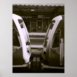 Nahe Aufnahme von zwei Zügen auf Bahnhofsplattform Poster