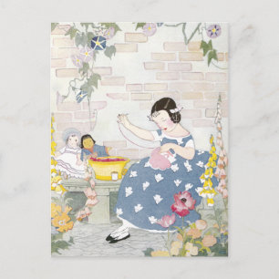 Nähen in einem Garten mit Fingerhut und Mohn Postkarte