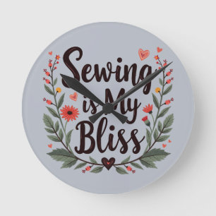 Nähen ist mein Glück - Florale Typografie Runde Wanduhr