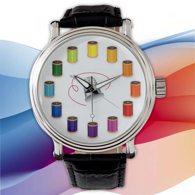 Nähen, Tauchen, Nadel und Thread Armbanduhr (Time Flies When I Sew!  Silver thimble, needle and vivid color wheel of threads. )