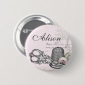 Nähende Begriffe auf rosa NamensAbzeichen Button (Vorne & Hinten)