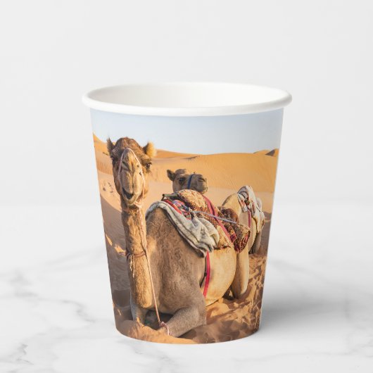 Naher Aufstieg auf Camel in der Oman-Wüste Pappbecher (Rückseite)