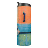 NAHER BLICK AUF DIE BLAUE UND GRÜNE HOLZTÜR THERMOSBECHER (Nach rechts gedreht)