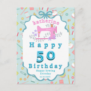 Näherin Geburtstag Nähmaschine Blau Postkarte
