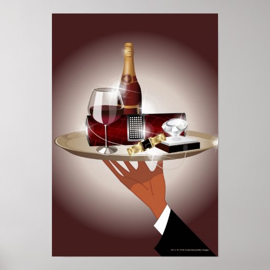 Nahes Aufziehen der Hand eines Kellners mit einem  Poster (Vorne)