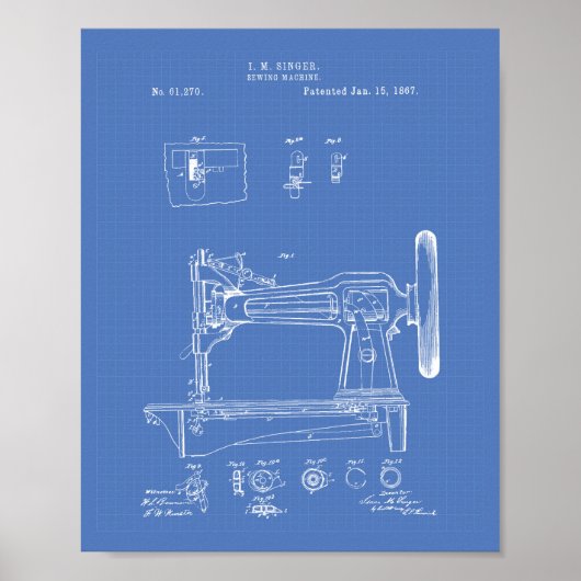 Nähmaschine 1867 Patentart Blueprint Poster (Vorne)