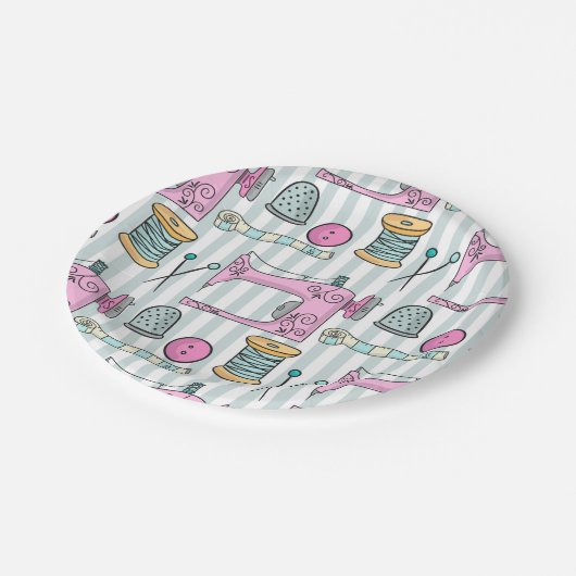 Nähmaschine - rosa Handarbeit nähen Pappteller (Schrägansicht)