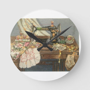 Nähmaschine und Kleid Runde Wanduhr