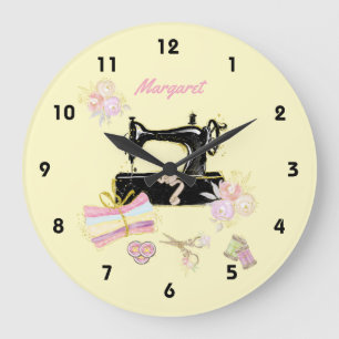 Nähmaschine und Stoff Große Wanduhr