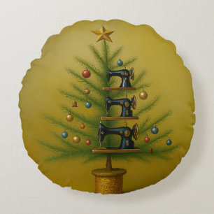 Nähmaschinen-Weihnachtsbaum Fröhliche Handarbeit W Rundes Kissen