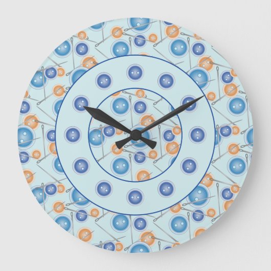 Nähneedles und Buttons Muster blau Große Wanduhr (Vorderseite)