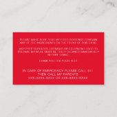 NahrungsAllergie Warnhinweis Personalisierter Koch Visitenkarte (Rückseite)