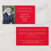 NahrungsAllergie Warnhinweis Personalisierter Koch Visitenkarte (Vorne/Hinten)