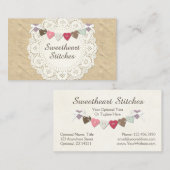 Nähstifte auf rustikalen Burlap & Hearts Visitenkarte (Vorne/Hinten)