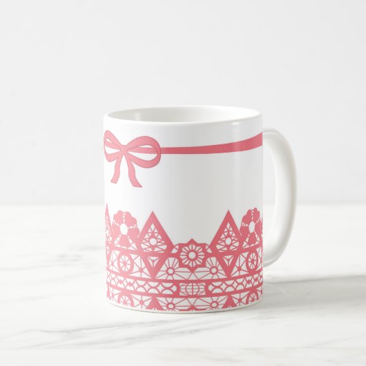 Nahtlos rosa Schnürsenkel romantisches Bogen-weiße Kaffeetasse (VorderseiteRechts)