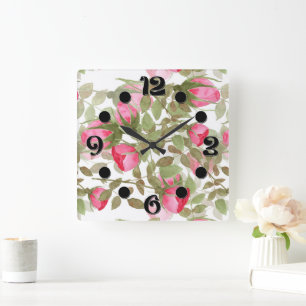 Nahtlose Aquarellfarben Blume Rosa Rosen Blumenrom Quadratische Wanduhr