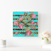 Nahtlose Aquarellfarben Blume Rosa Rosen Blumenrom Quadratische Wanduhr (Zuhause)