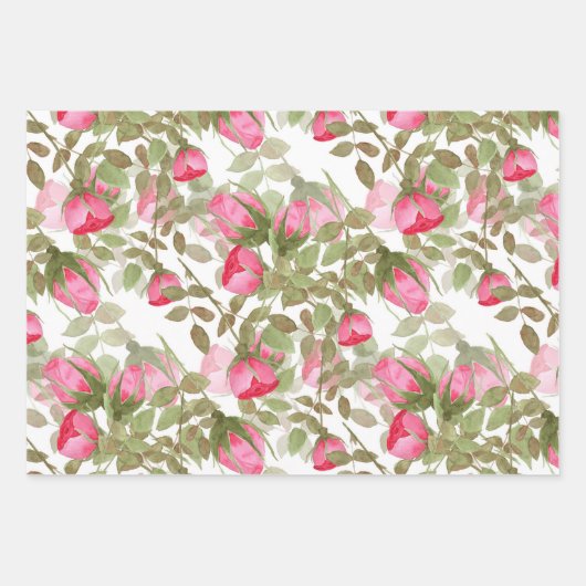 Nahtlose Aquarellfarben Blume Rosa Rosen Blüten Geschenkpapier Set (Vorderseite)