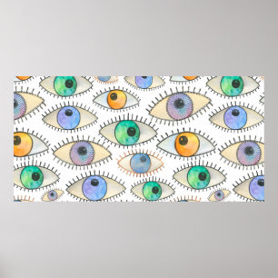 Nahtlose Aquarellmuster mit breitem, offenem Auge Poster