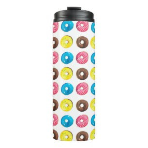 Nahtlose Aquarellmuster mit kleinen Donuts Thermosbecher