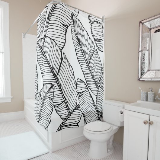 Nahtlose Bananenblattmuster im Hintergrund. Schwar Duschvorhang (Beispiel)