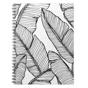 Nahtlose Bananenblattmuster im Hintergrund. Schwar Notizblock