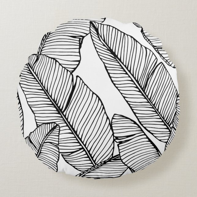 Nahtlose Bananenblattmuster im Hintergrund. Schwar Rundes Kissen (Vorderseite)