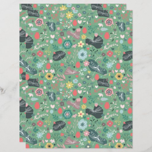 Nahtlose Blume und Libellen-Muster auf Grün (Vorne/Hinten)