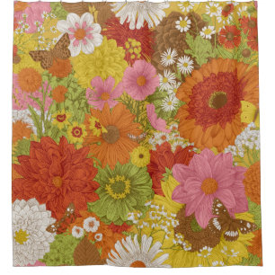 Nahtlose Blumenmuster 70er. Blume im Herbst und bz Duschvorhang