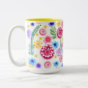 Nahtlose Blumenmuster auf weißem Hintergrund. Zweifarbige Tasse