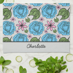 Nahtlose Blumenmuster, blau und rosa, personalisie Geschirrtuch