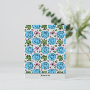 Nahtlose Blumenmuster, blau und rosa, personalisie Postkarte