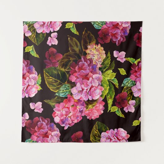 Nahtlose Blumenmuster. Hydrangea auf einem dunklen Wandteppich (Vorderseite (Horizontal))