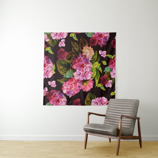 Nahtlose Blumenmuster. Hydrangea auf einem dunklen Wandteppich (Beispiel (Horizontal))