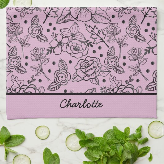 Nahtlose Blumenmuster lila personalisierter Name Geschirrtuch (Gefaltet)