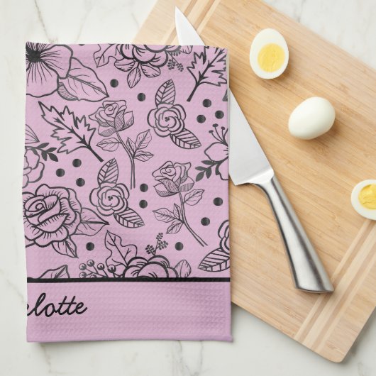 Nahtlose Blumenmuster lila personalisierter Name Geschirrtuch (Viertel Falte)