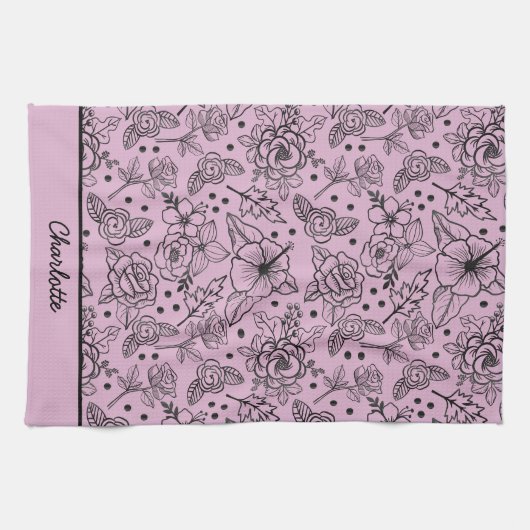 Nahtlose Blumenmuster lila personalisierter Name Geschirrtuch (Horizontal)