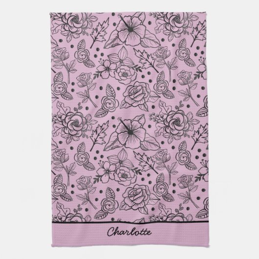 Nahtlose Blumenmuster lila personalisierter Name Geschirrtuch (Vertikal)
