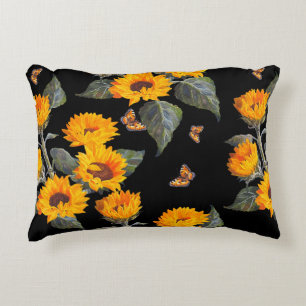 Nahtlose Blumenmuster Sonnenblumen auf schwarzem R Dekokissen