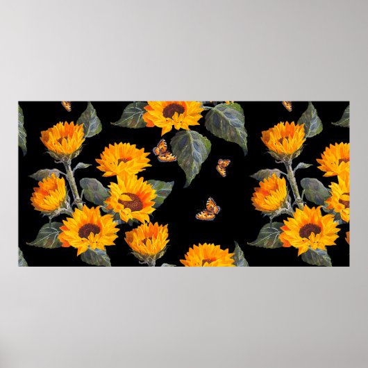 Nahtlose Blumenmuster Sonnenblumen auf schwarzem R Poster (Vorne)