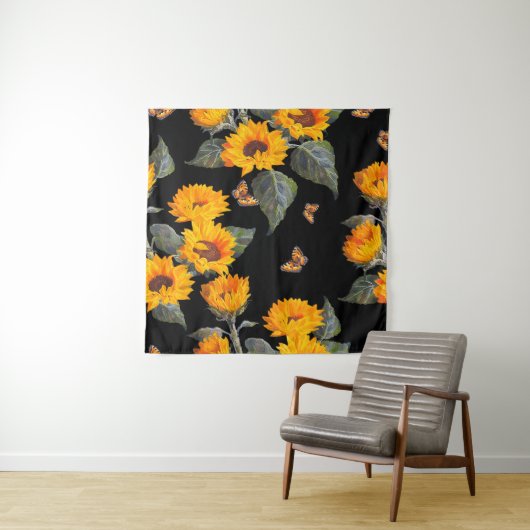 Nahtlose Blumenmuster Sonnenblumen auf schwarzem R Wandteppich (Beispiel)